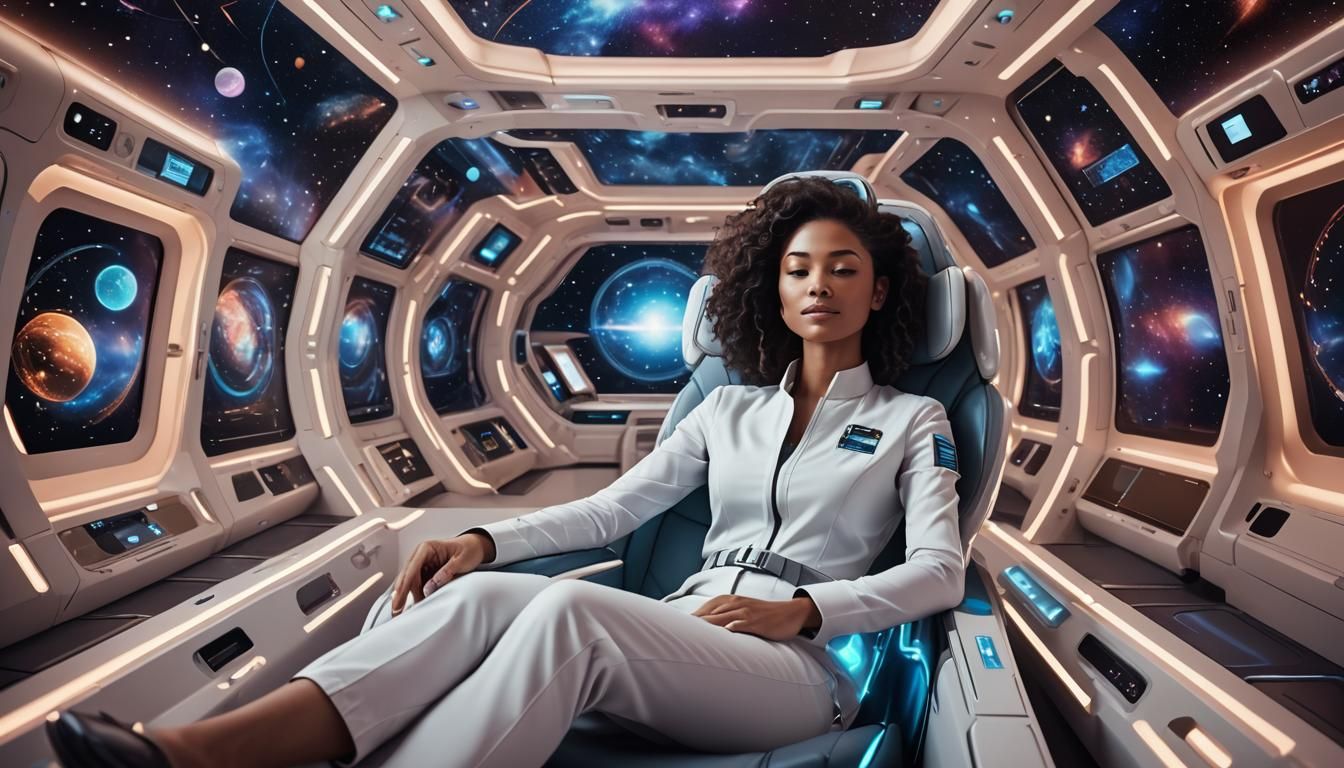 Businesswoman in Zero Gravity Relaxation Cabin