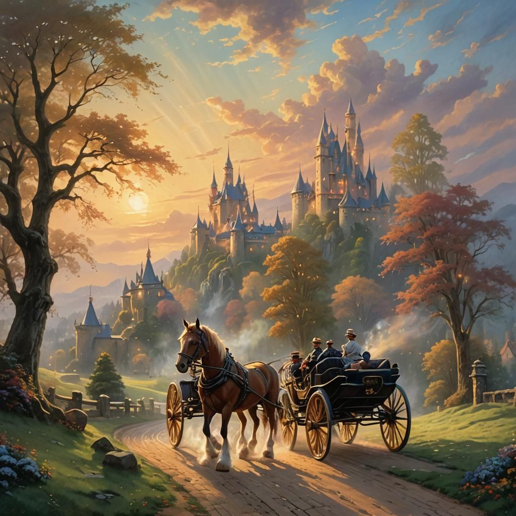 Horse-Drawn Carriage to Castle: Kinkade Style Oil Painting