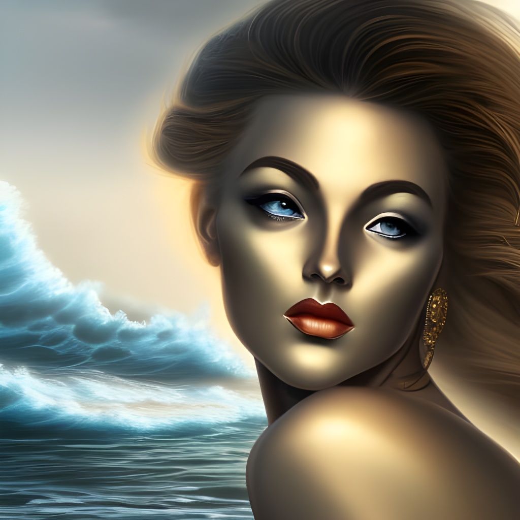 Golden Aura Woman in Stormy Sea: Art Deco Painting