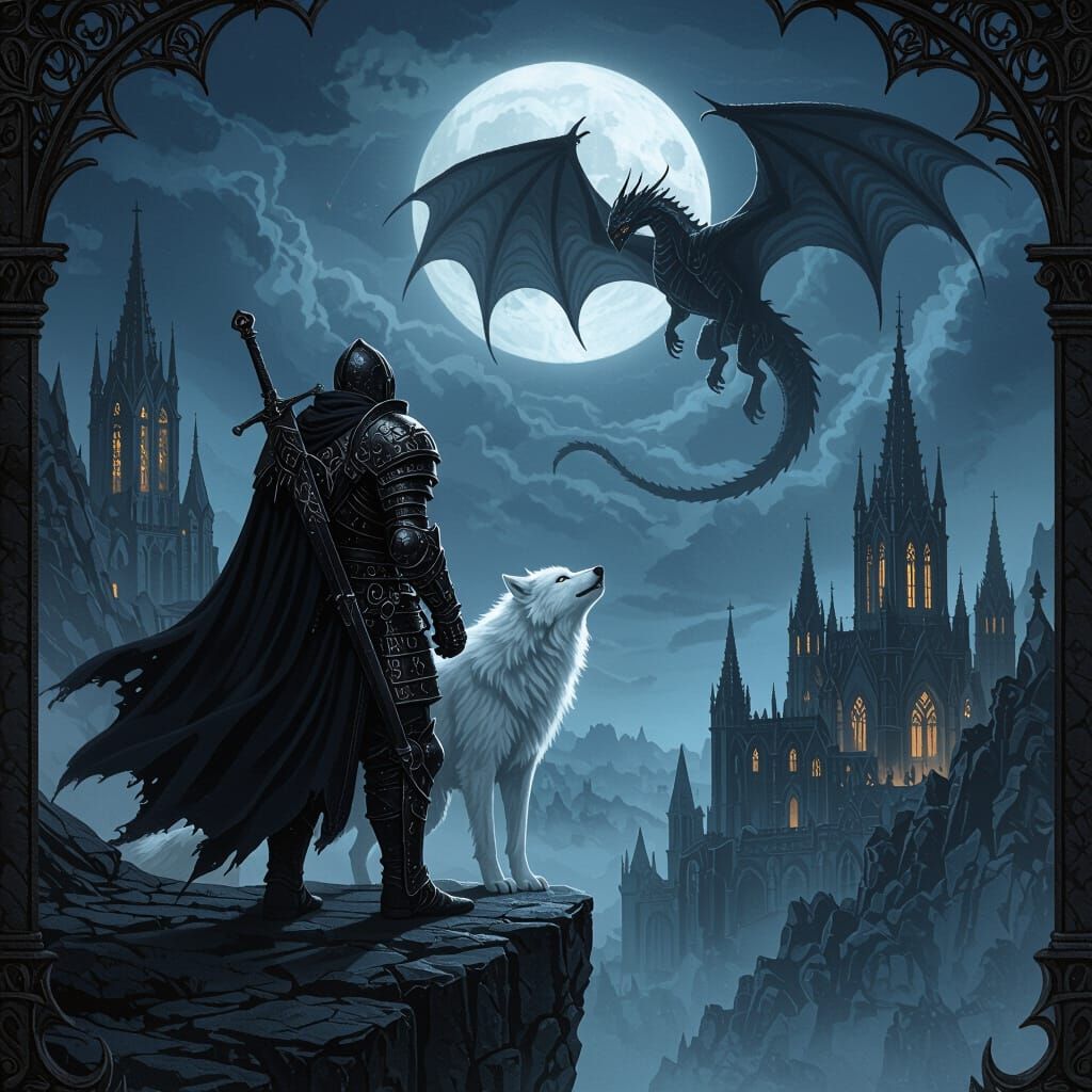 Medieval Warrior and Dragon in Gothic Charcoal Art