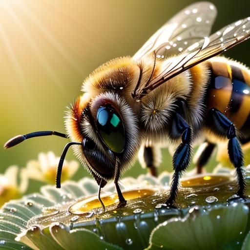 Macro Bee Drinking Honey in Morning Light