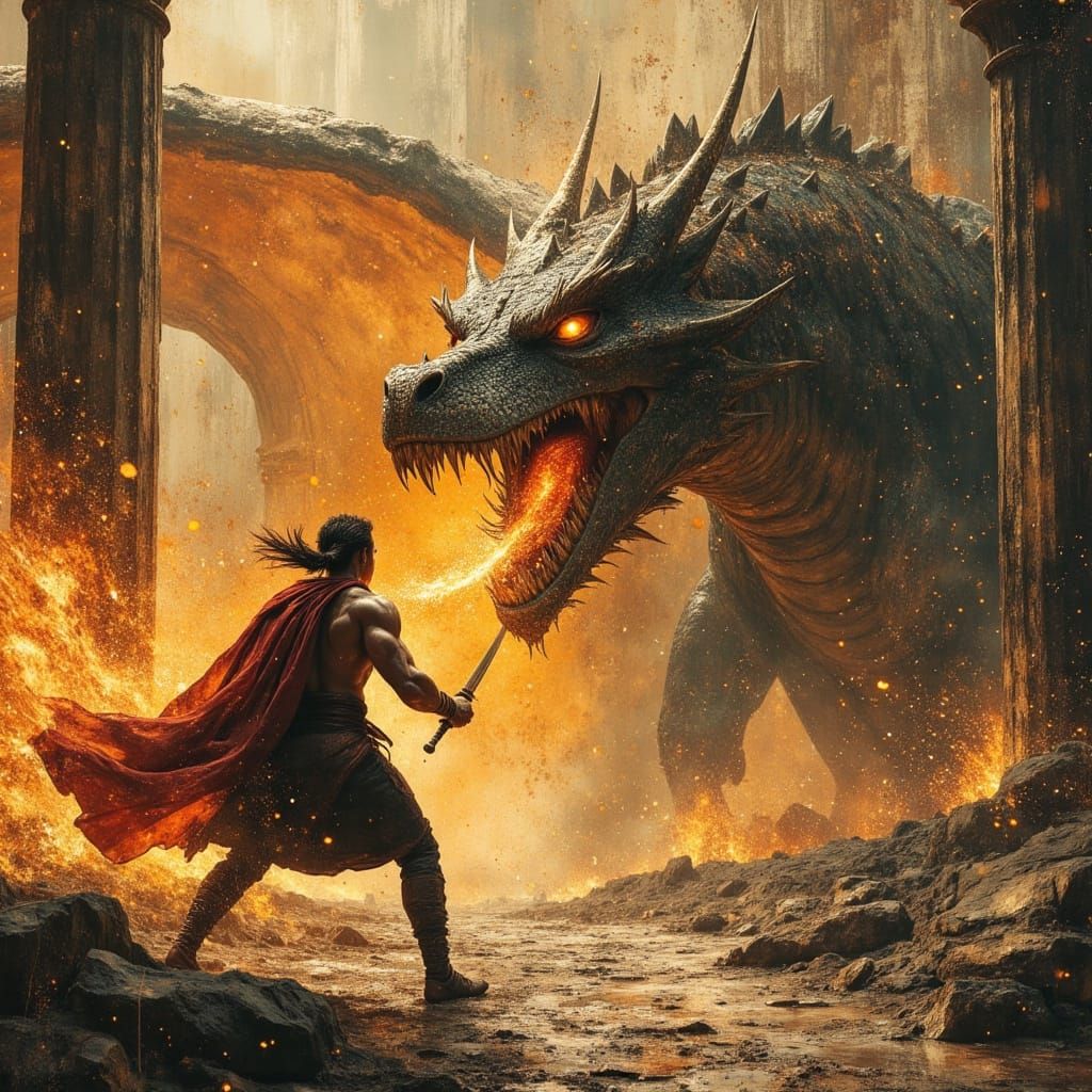 Warrior God Battles Dragon in Ancient Temple Ruins