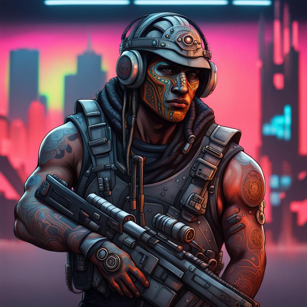 Cyberpunk Aboriginal Soldier in Futuristic Style