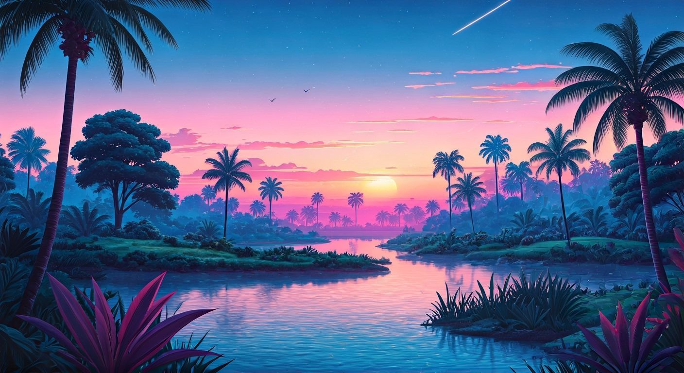 Neon Tropical Landscape in Futuristic Style