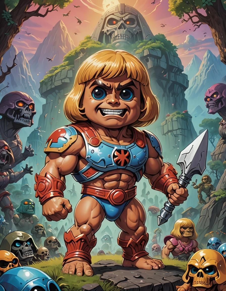 Chibi He-Man in Vibrant Outdoor Lab, Pixar Style