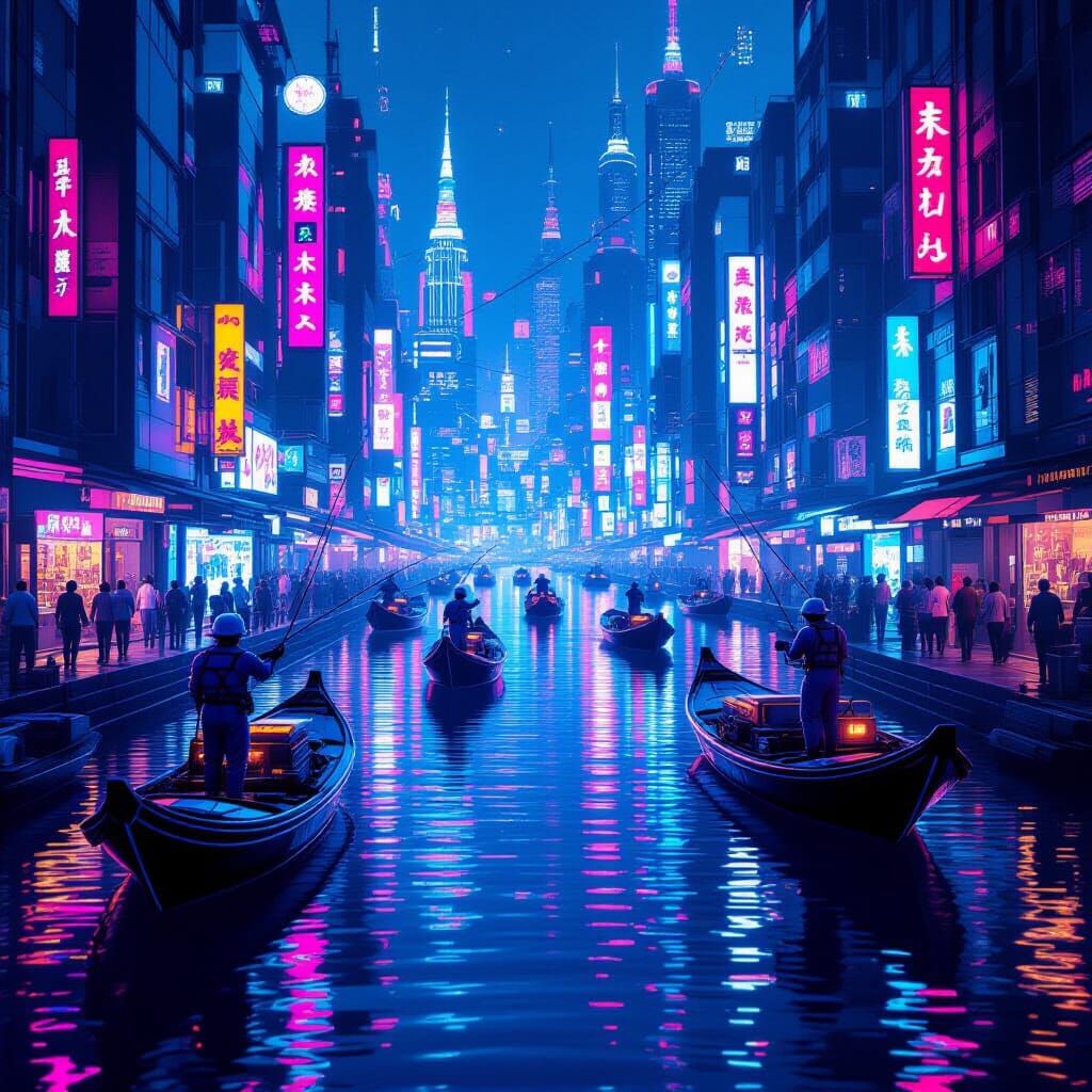 Cyberpunk Cityscape: Robotic Fishermen in Neon Canals