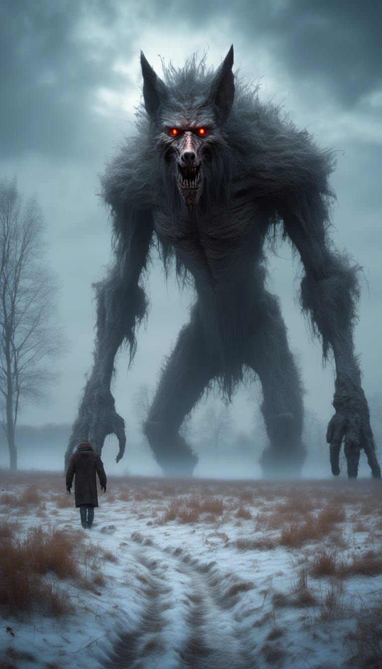 Eerie Werewolf in Snowy Field, Detailed Oil Painting