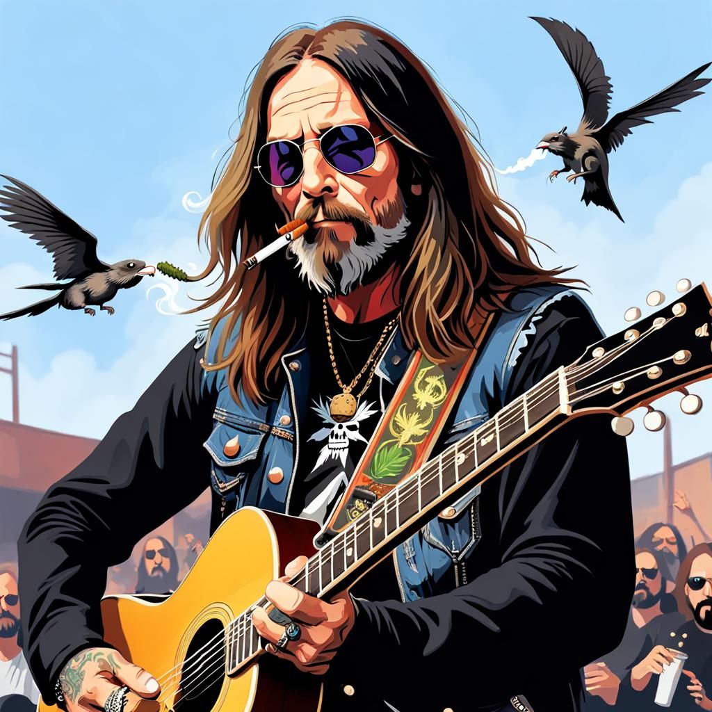 rocker Ozzy smoking, with majestic beard, playing an acoustic guitar, flying rats