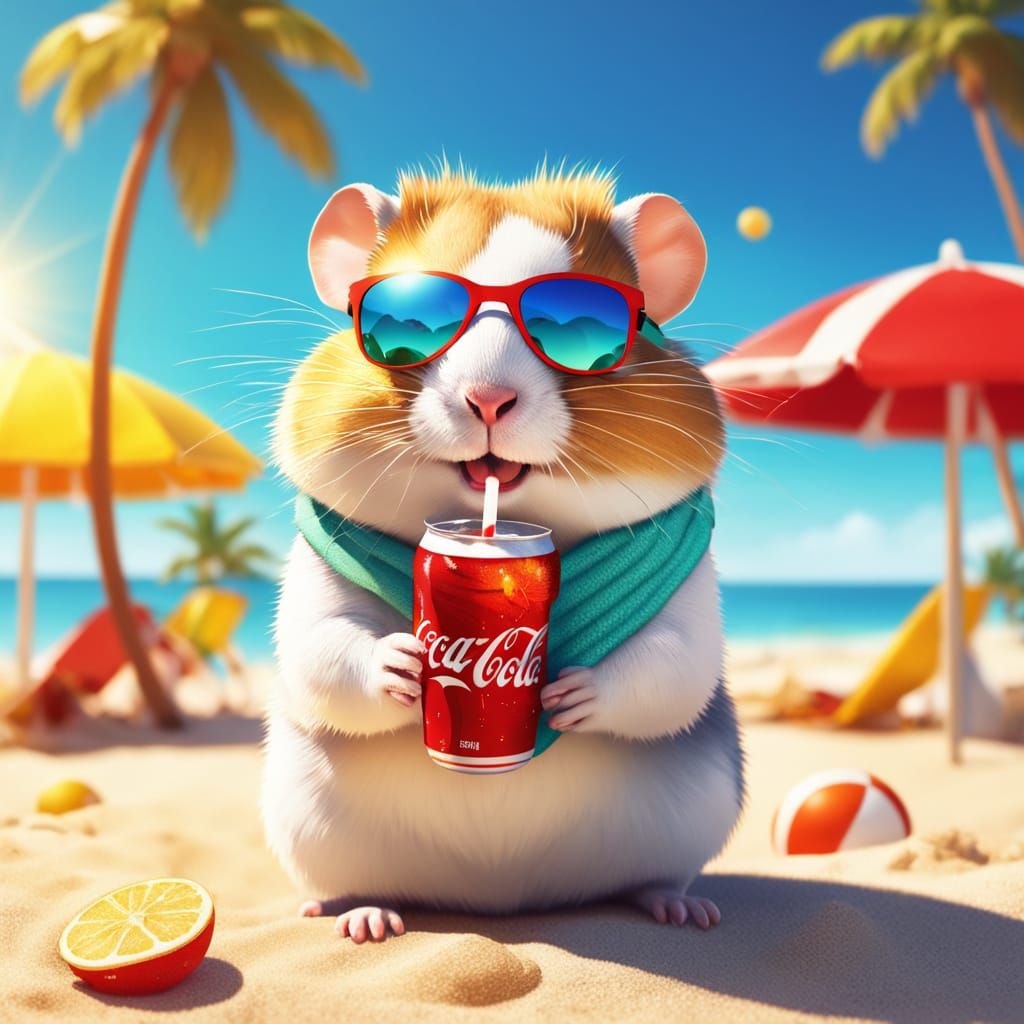 Hamster Enjoys Coca-Cola on Beach in Vibrant Cartoon Style