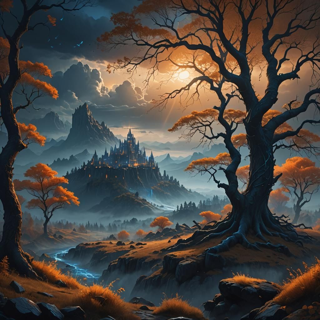 Epic Fantasy Landscape with Glowing Runes