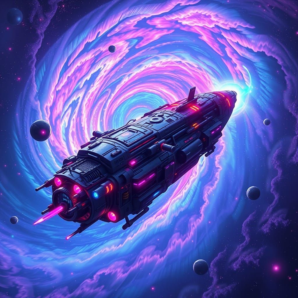 Cyberpunk Spacecraft in a Vortex of Iridescent Gases