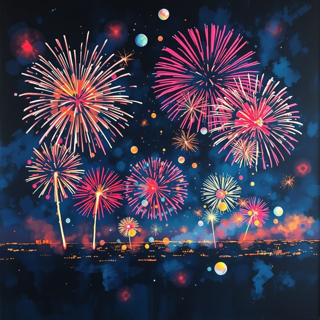 Impressionist Fireworks Exploding in Night Sky