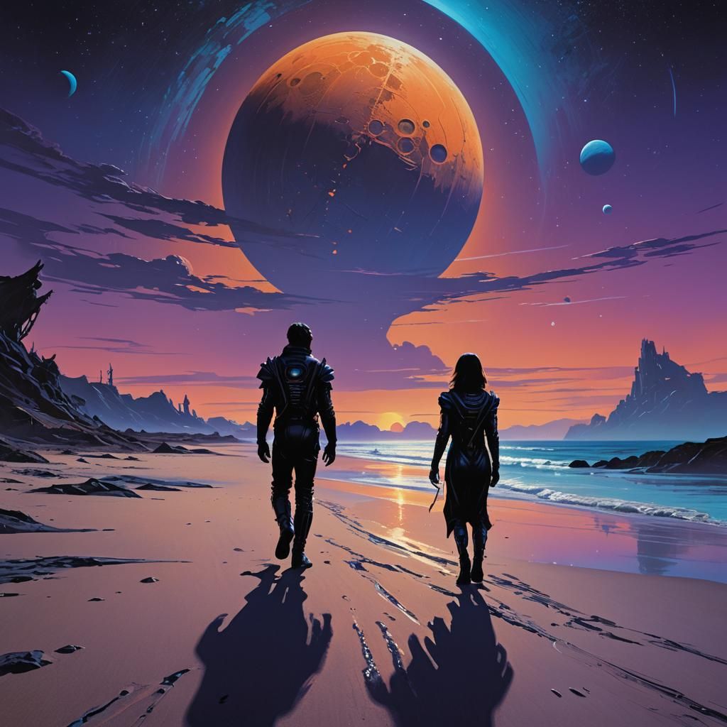 Sci-Fi Couple Stroll on Alien Fluorescent Beach