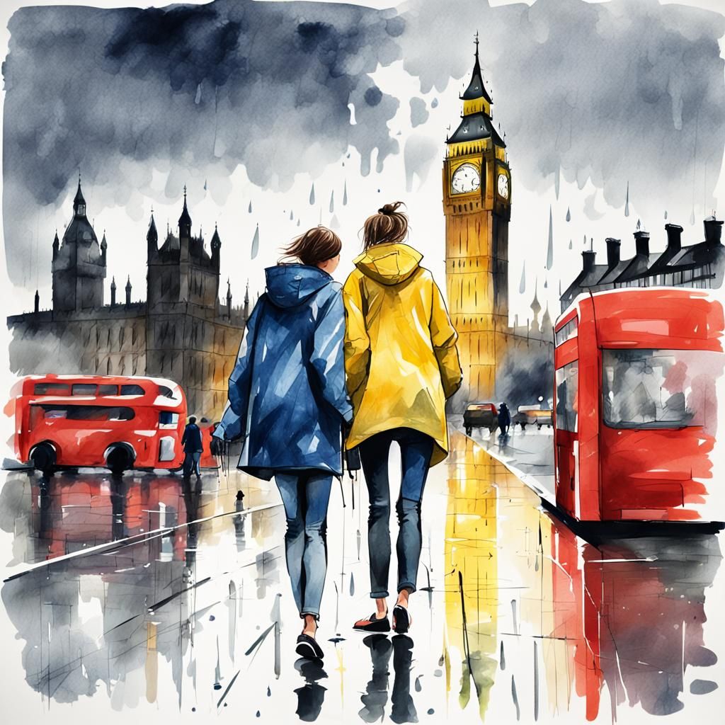 Smiling Woman in Rainy London: Ink and Wash