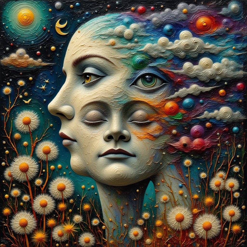 AI Art: Contemplative Face in Emotional Mindscape