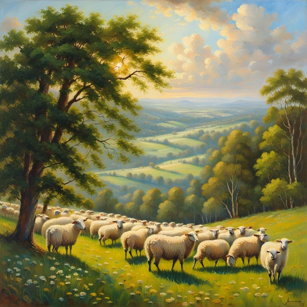 Happy Sheep Grazing in an Oil Painting