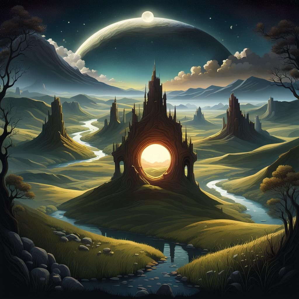 Sunset Valley with River and Stars, Matte Painting