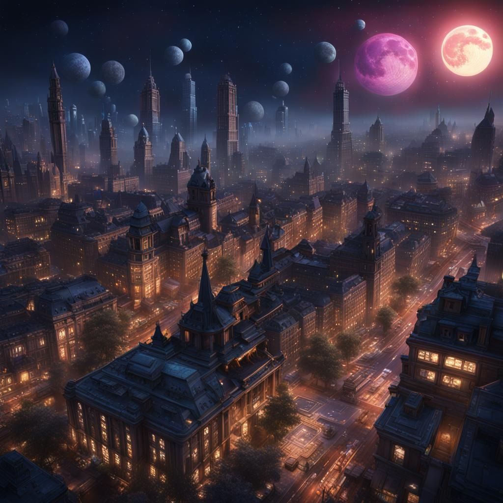 Surreal City Nightscape: Detailed Matte Painting