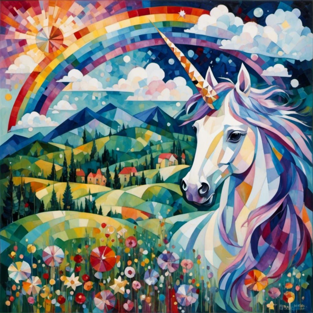Unicorn in Crystal Cubism Style with Rainbow