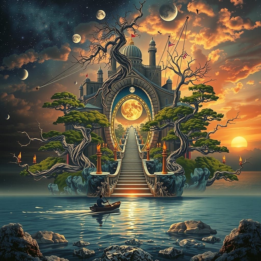 Mystical Dreamscape Boat Journey in Surreal Cloudscape