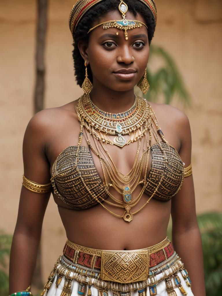 Queen Sheba wearing only a beautiful tribal necklace and ski...