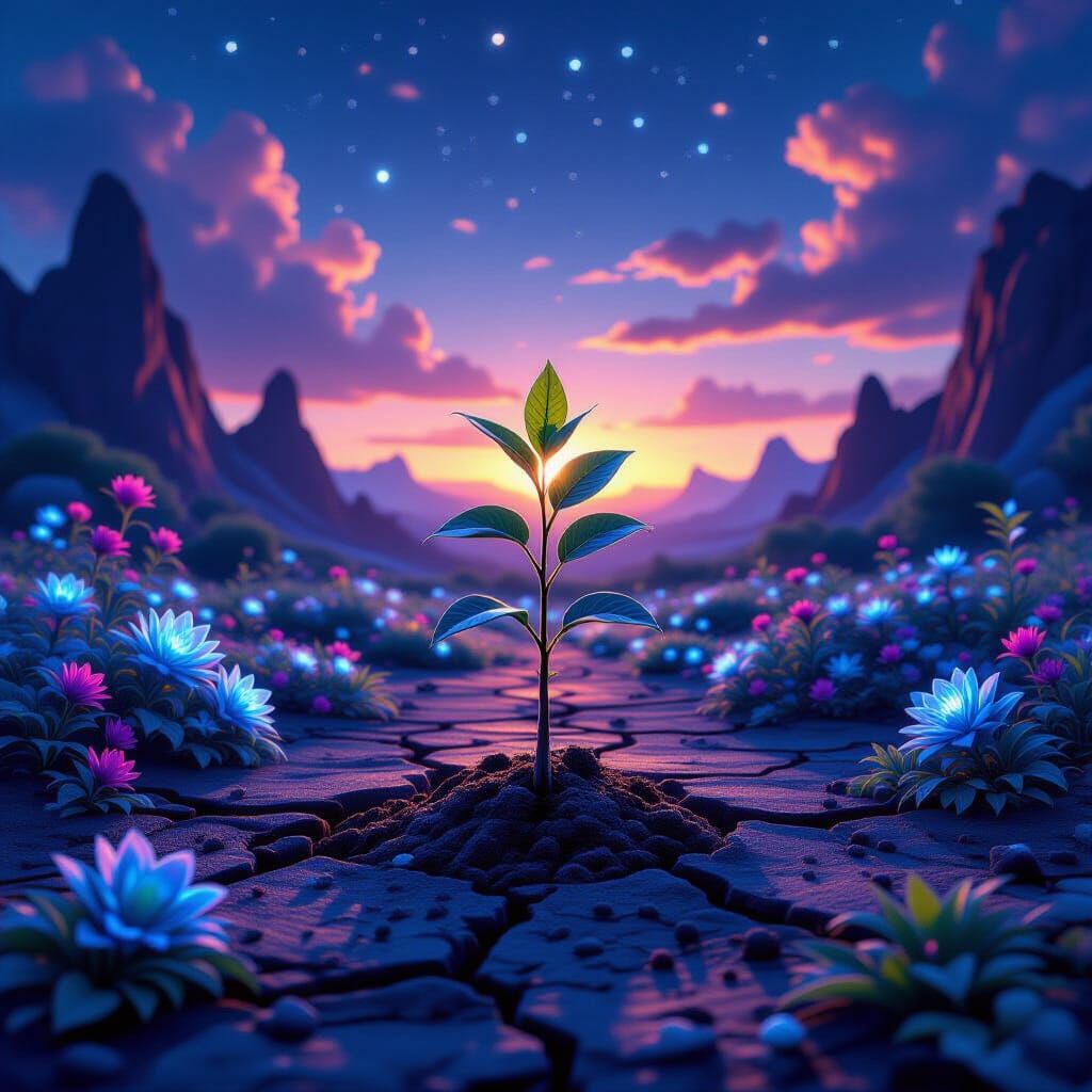 Surreal Alien Landscape with Bioluminescent Flora