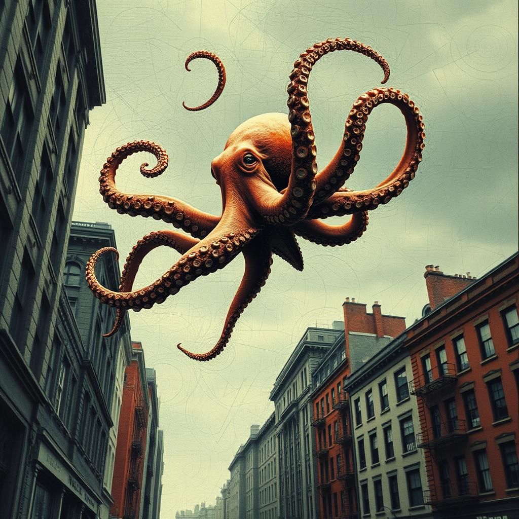 Octopus Flies Over City Street: Surreal Dreamscape