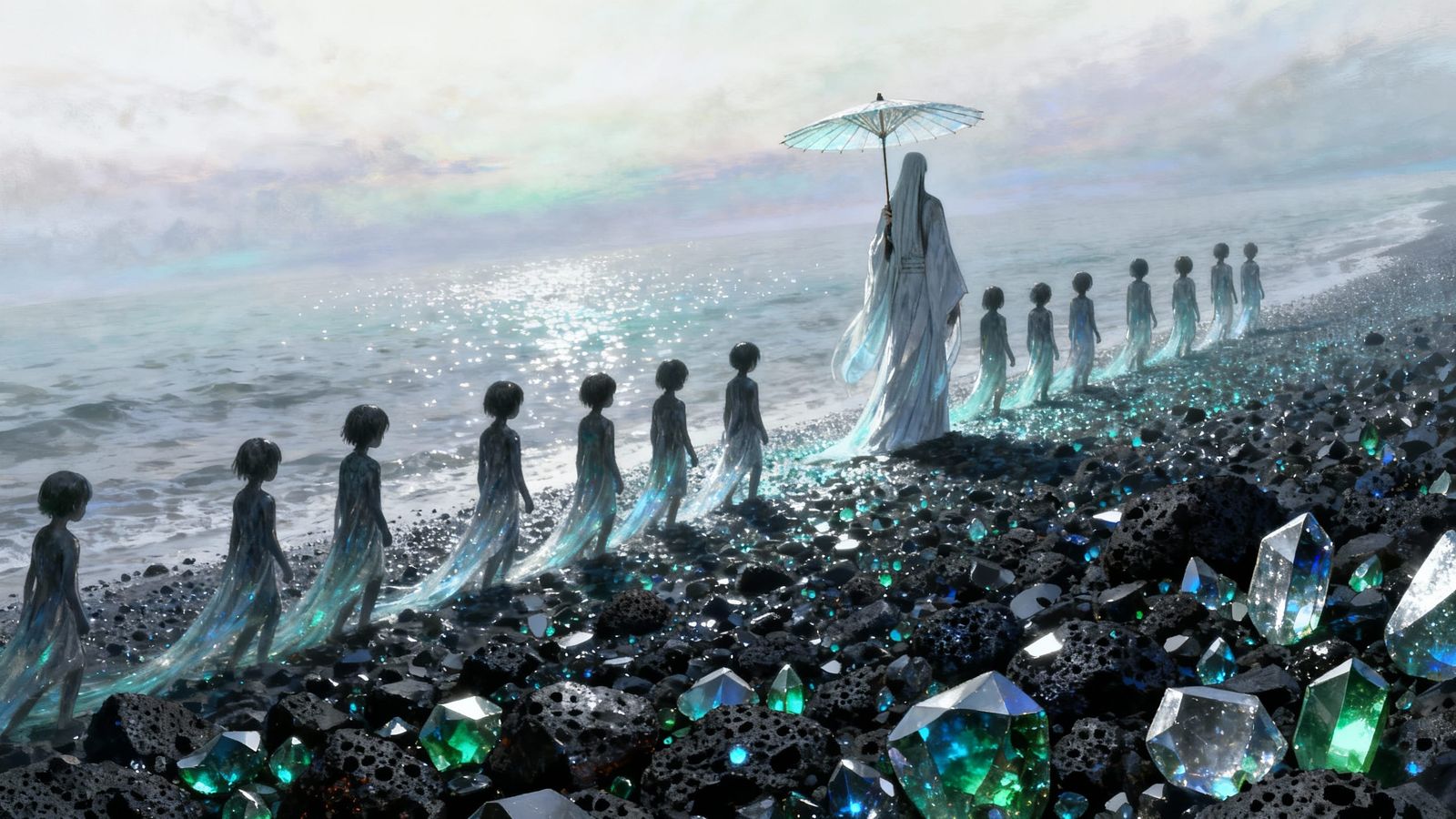 Mysterious Figure Kasa on Obsidian Beach with Children