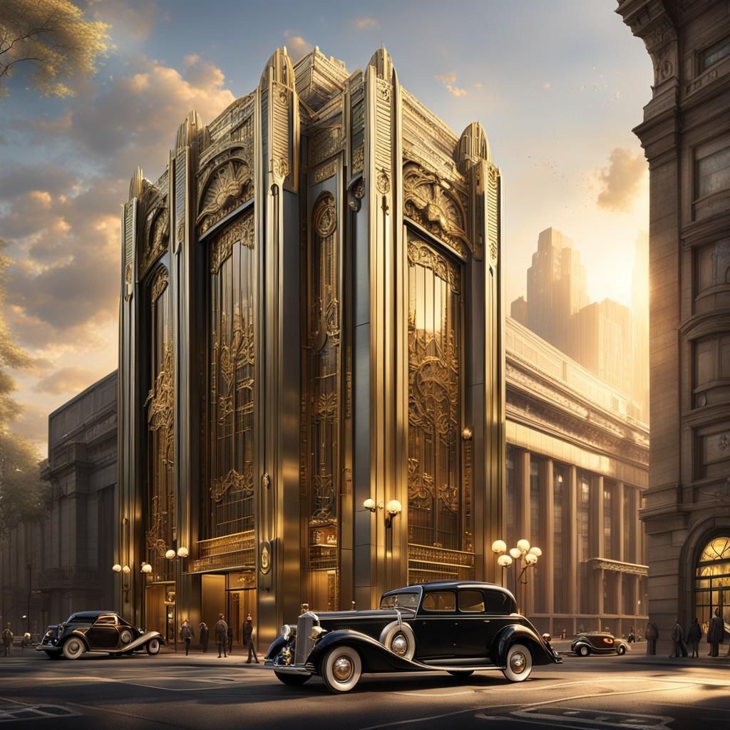 Art Deco Building with Sunburst Motifs in Steampunk Style