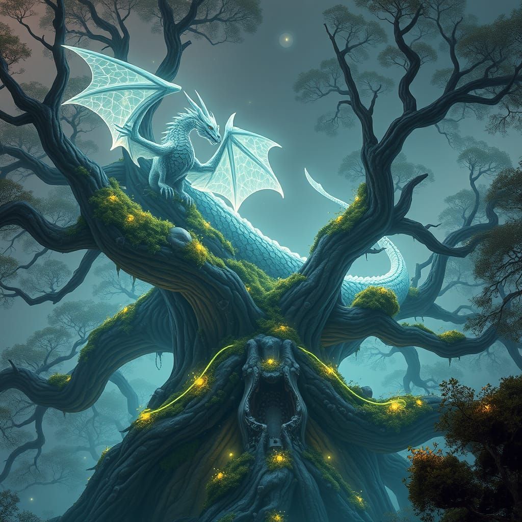 Dragon Perched in Bioluminescent Tech Forest, Digital Surrea...