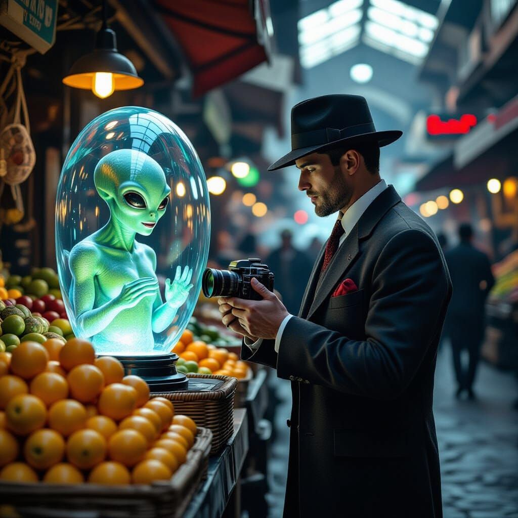 Vintage Photographer Captures Alien Fruit Vendor Hologram