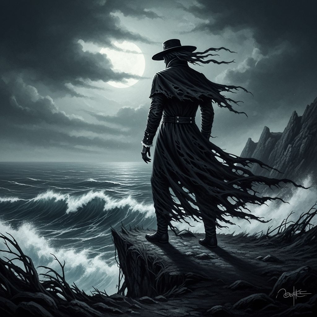 Spectral Figure Overlooking Moonlit Sea in Gothic Horror Sty...