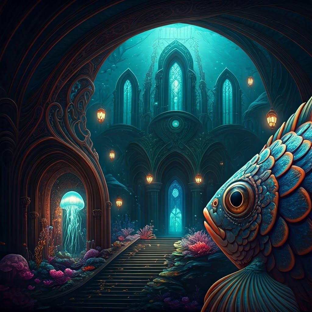 Dreamlike Underwater Castle in Fish Eye