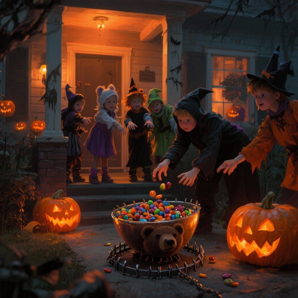 Halloween Costumed Kids on Porch Near Bear Trap