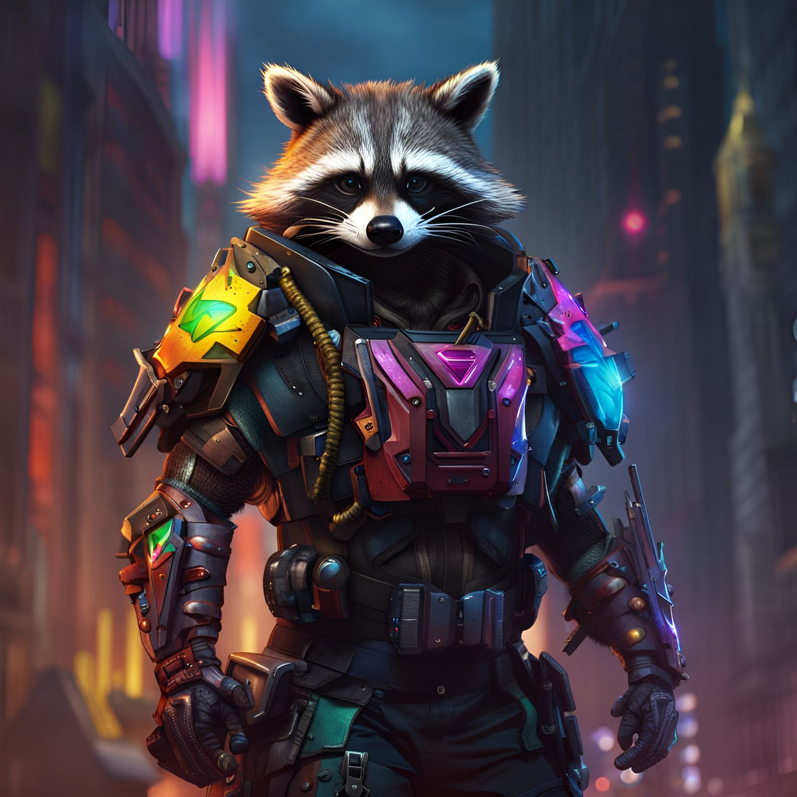 Armored Raccoon Superhero in Dark Fantasy Style