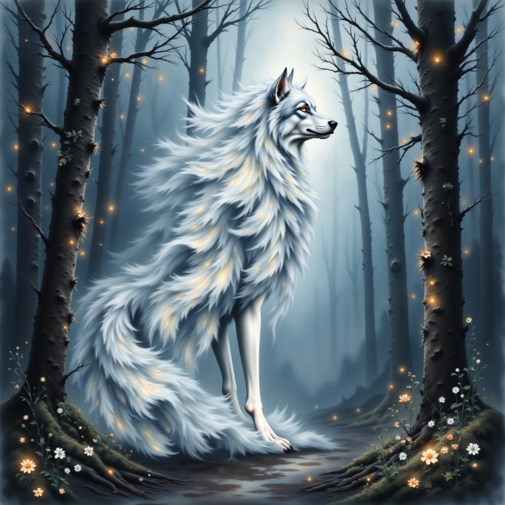 Ethereal Smoke Wolf in Misty Watercolor Forest
