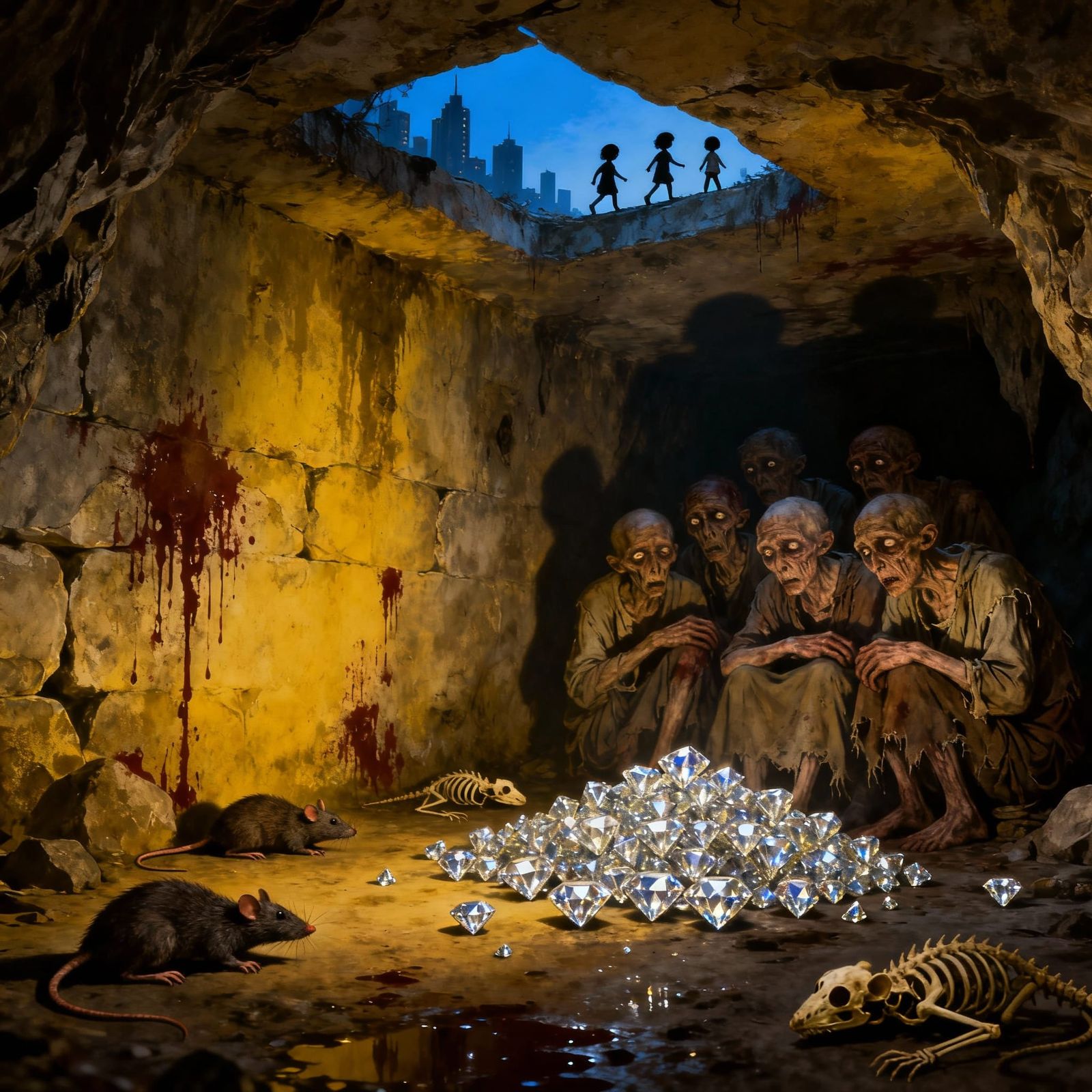 Dark Underground Scene with Rats, Bones, and Diamonds