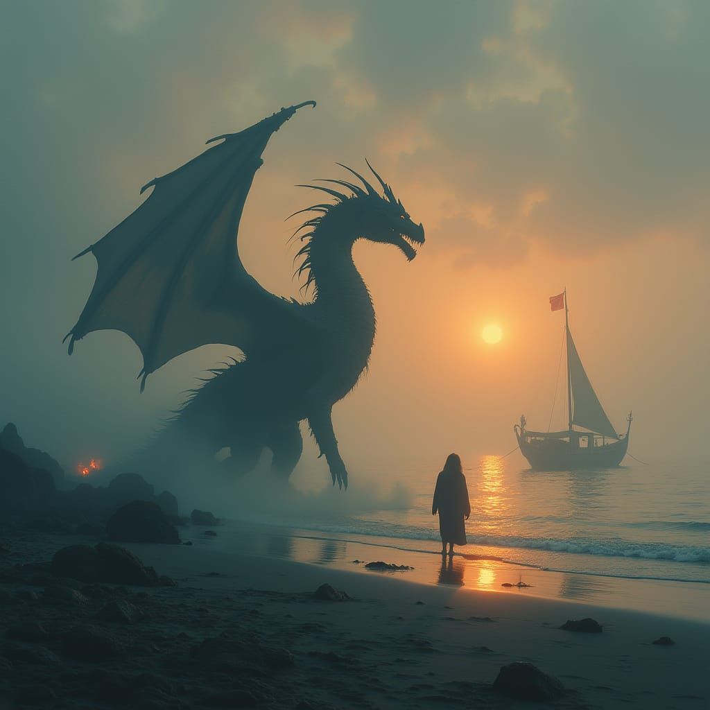 Molten Lava Dragon on Foggy Beach at Twilight