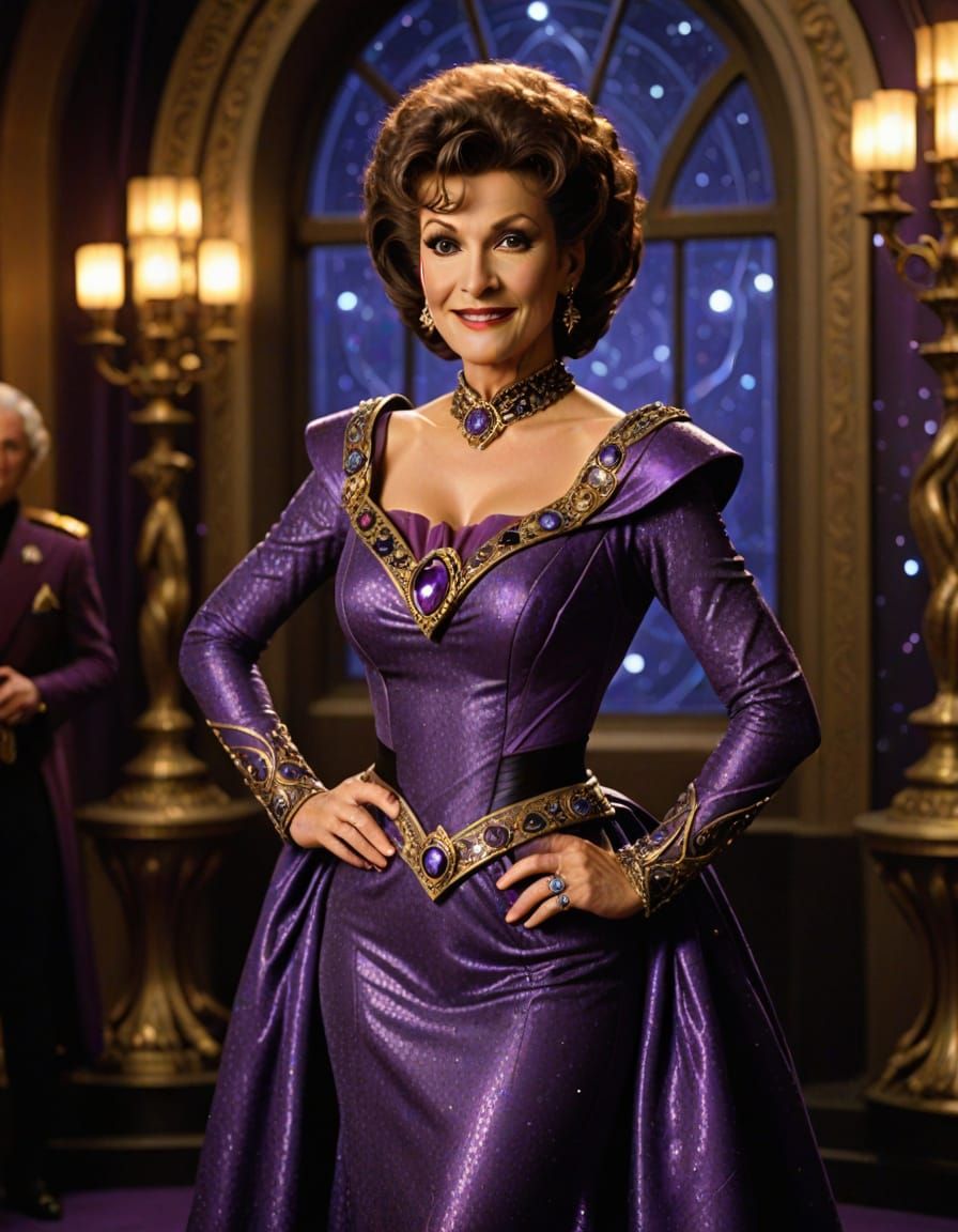 Lwaxana Troi in Purple Gown on DS9 Promenade