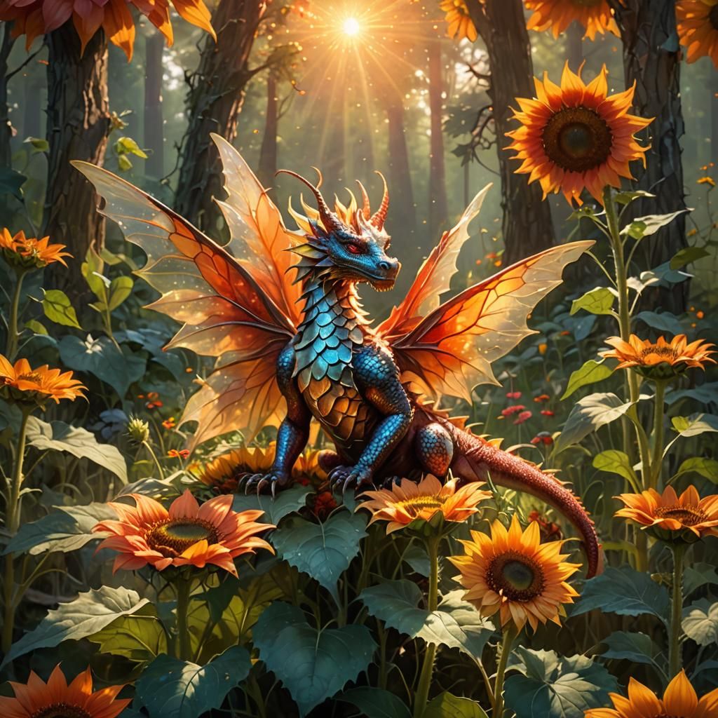 Dragon Fairy on Sunflower in Dreamy Forest