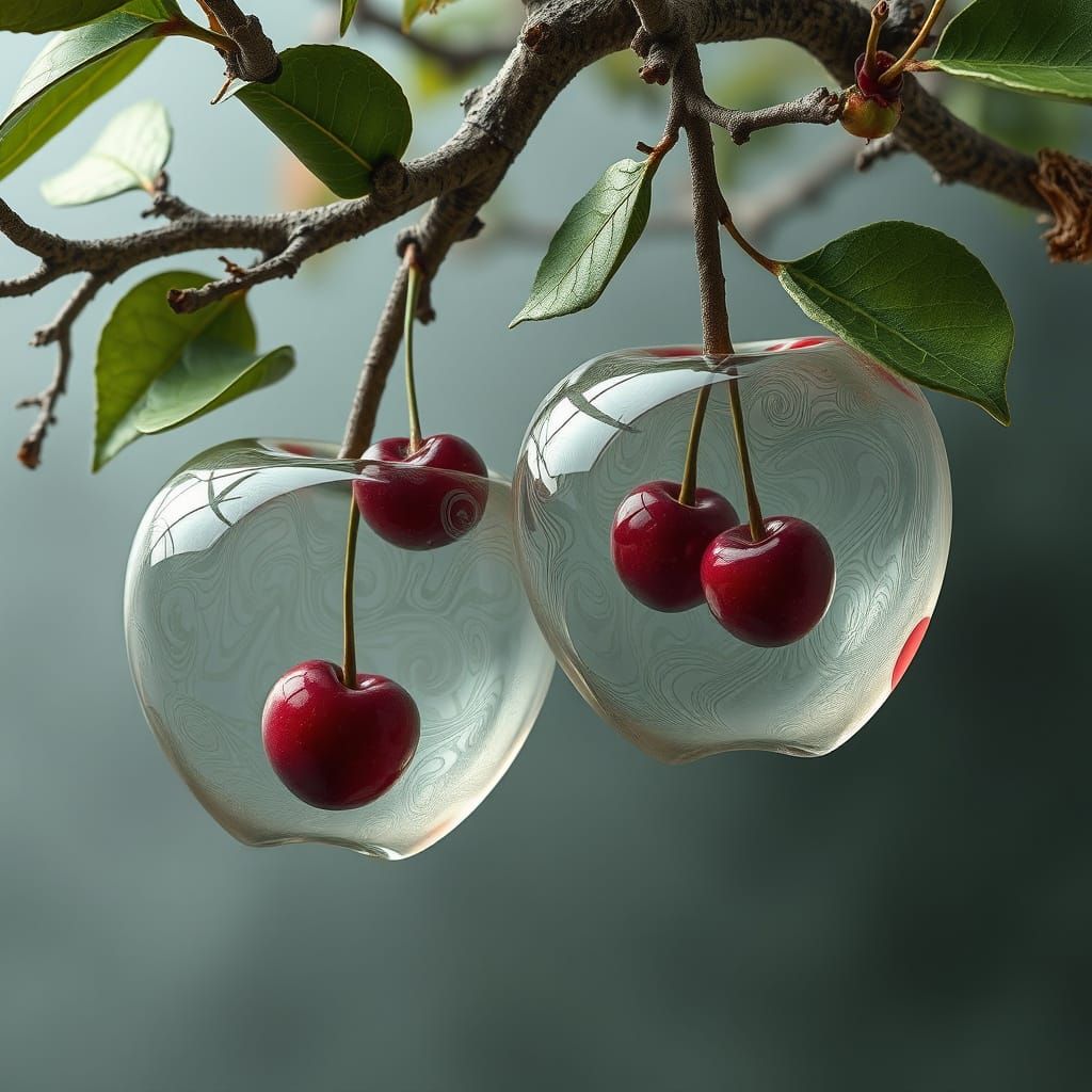 Surreal Glass Apples in Dreamlike Apple Tree Landscape