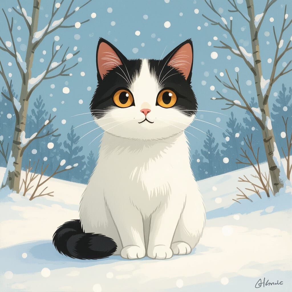 Cartoon Cat with Amber Eyes in Snowy Scene