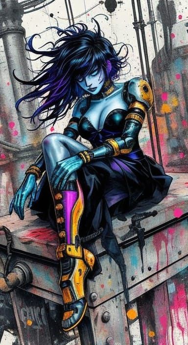 Biomechanical Cyberpunk Girl in Hypermaximalist Digital Art