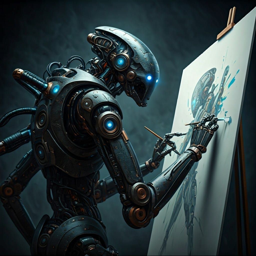 Robot Artist Painting Itself: Hyperrealistic Futuristic Conc...