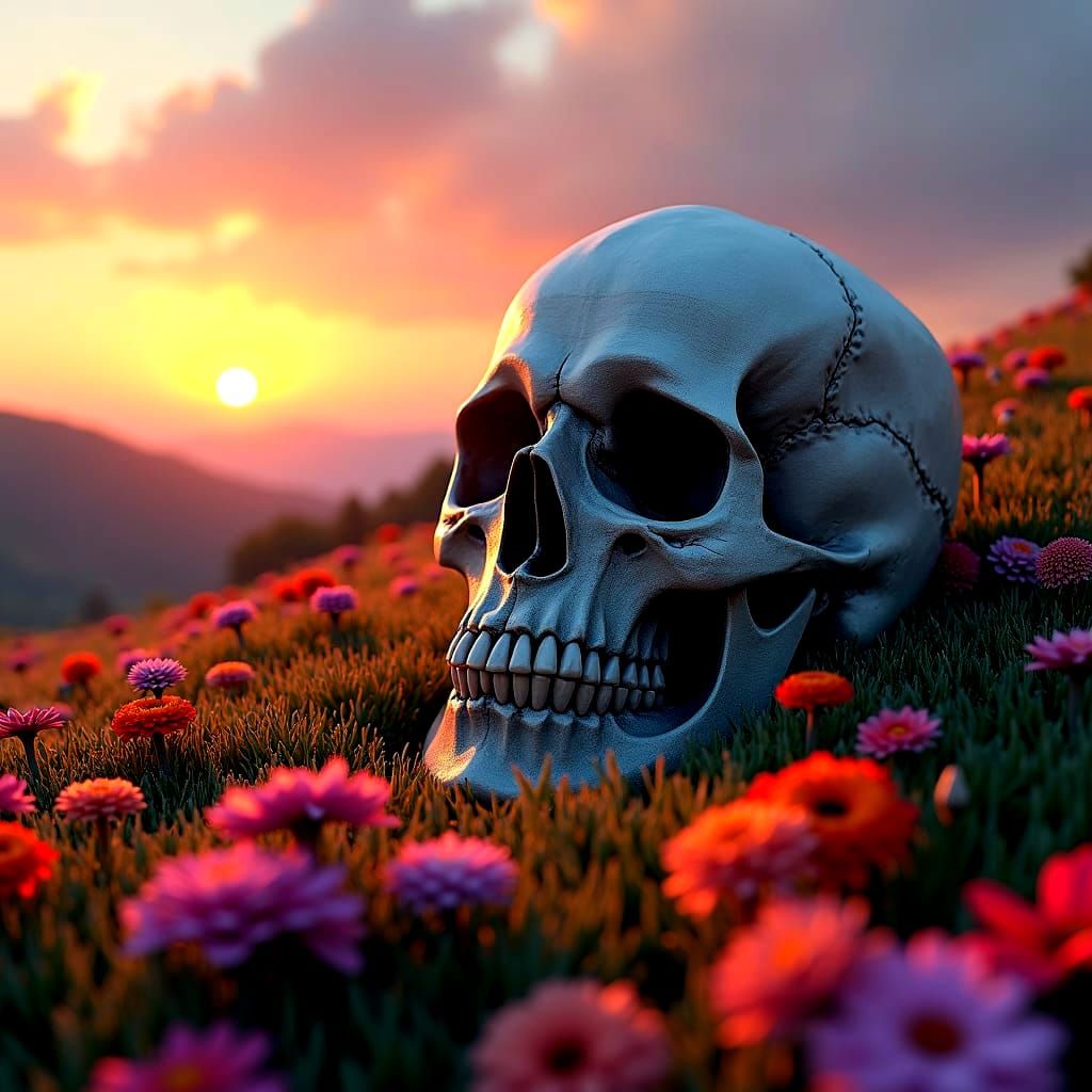 Giant Skull in Flower Bed at Sunset