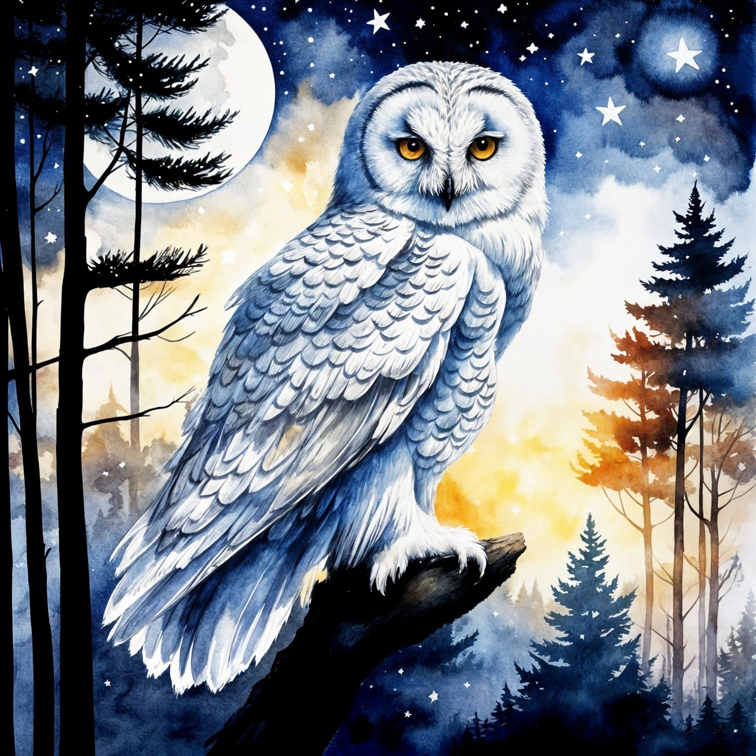 Realistic White Owl Portrait in Moonlight