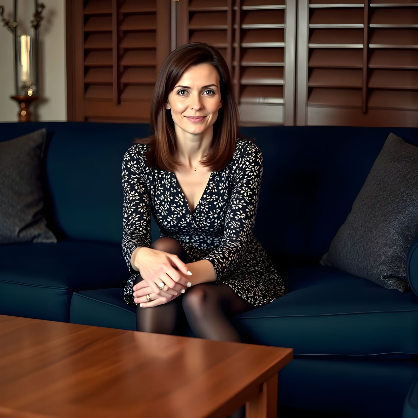 Serene Woman in Floral Dress on Dark Blue Couch