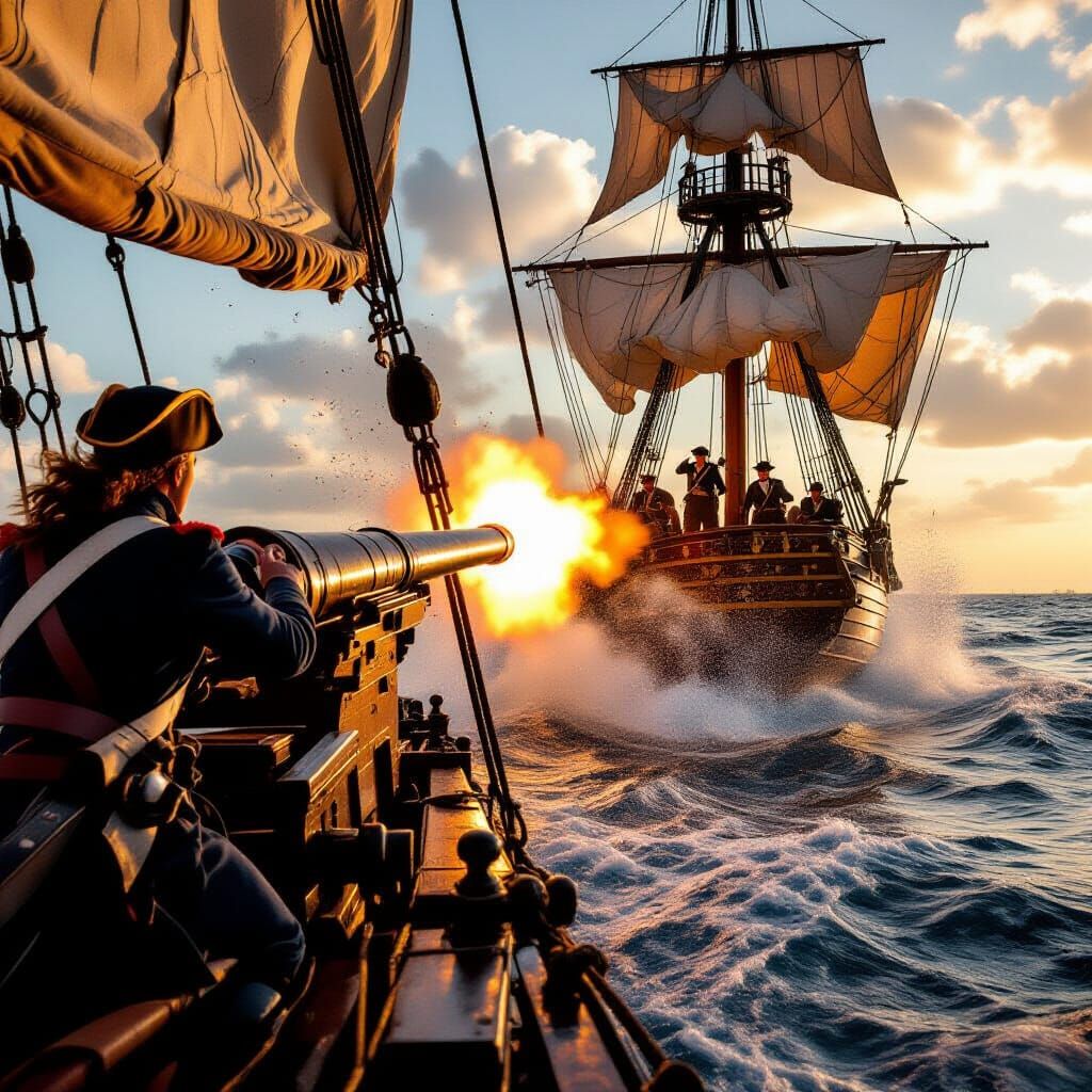 Cannon Fires in 1812 Naval Battle with Golden Hour Light