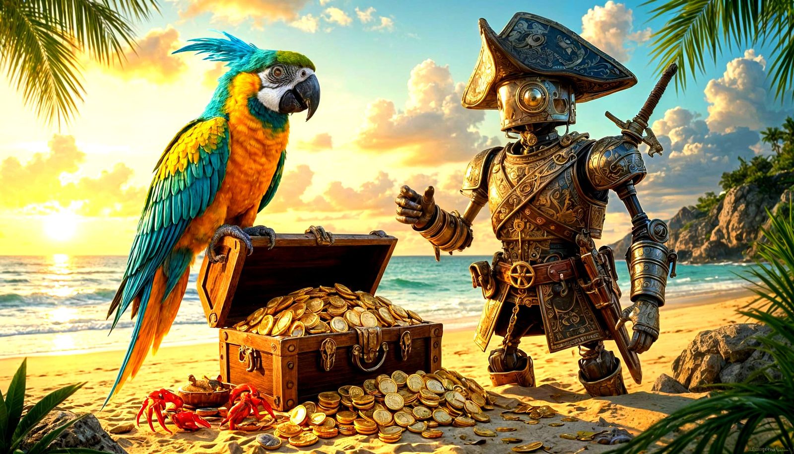 Pirate Parrot Guarding Treasure on Tropical Beach