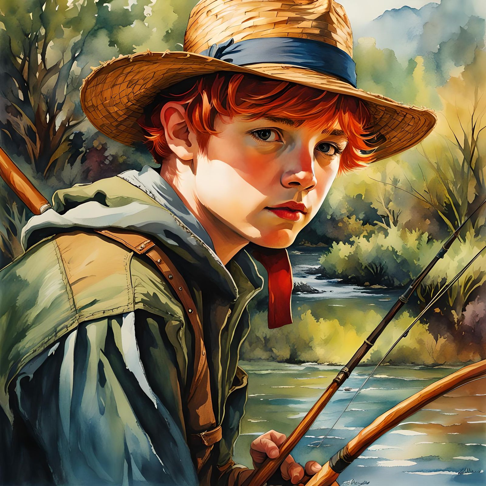 Redhead Boy Fishing: Retro Ink and Watercolor Illustration